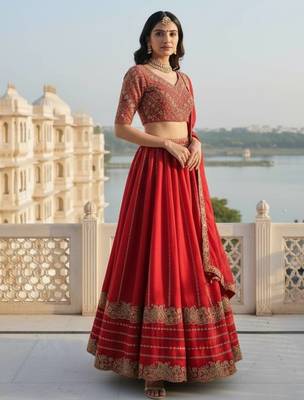 Red silk blend Zari Swqunce Embroidery Work Lehenga choli For Women's 3