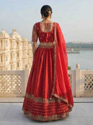 Red silk blend Zari Swqunce Embroidery Work Lehenga choli For Women's 4