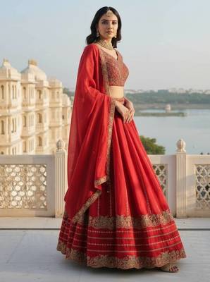 Red silk blend Zari Swqunce Embroidery Work Lehenga choli For Women's 5