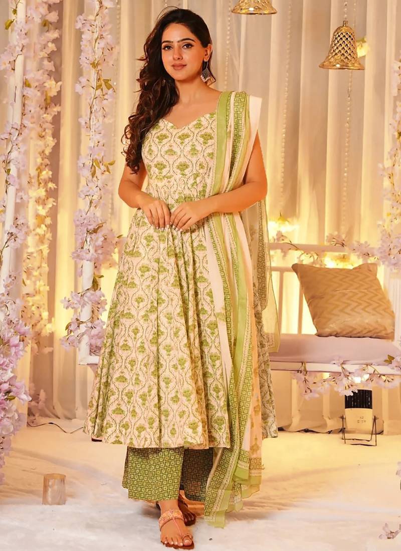 Cream muslin digital print designer salwar suit