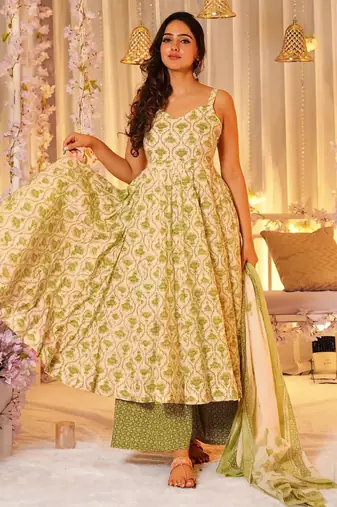 Cream muslin digital print designer salwar suit