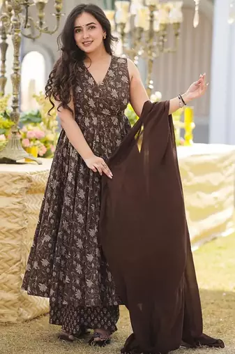 Coffee muslin digital print designer salwar suit