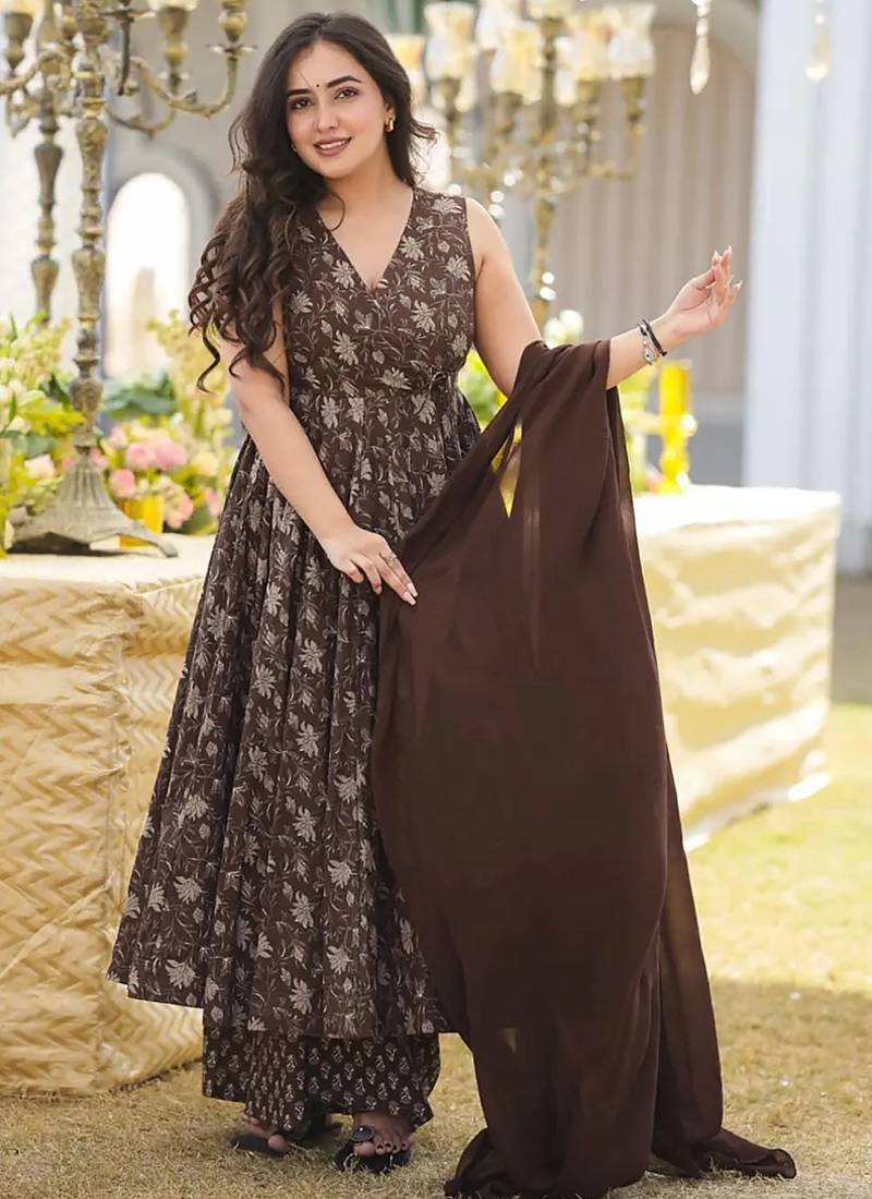 Coffee muslin digital print designer salwar suit
