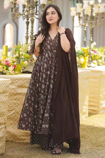 Coffee muslin digital print designer salwar suit