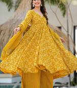 Yellow muslin digital print designer salwar suit