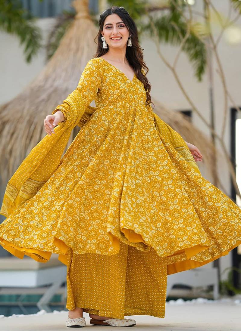 Yellow muslin digital print designer salwar suit
