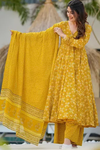 Yellow muslin digital print designer salwar suit