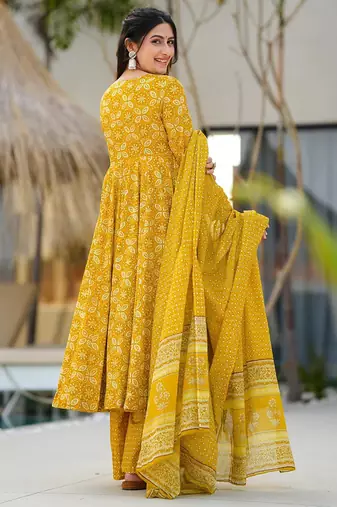 Yellow muslin digital print designer salwar suit