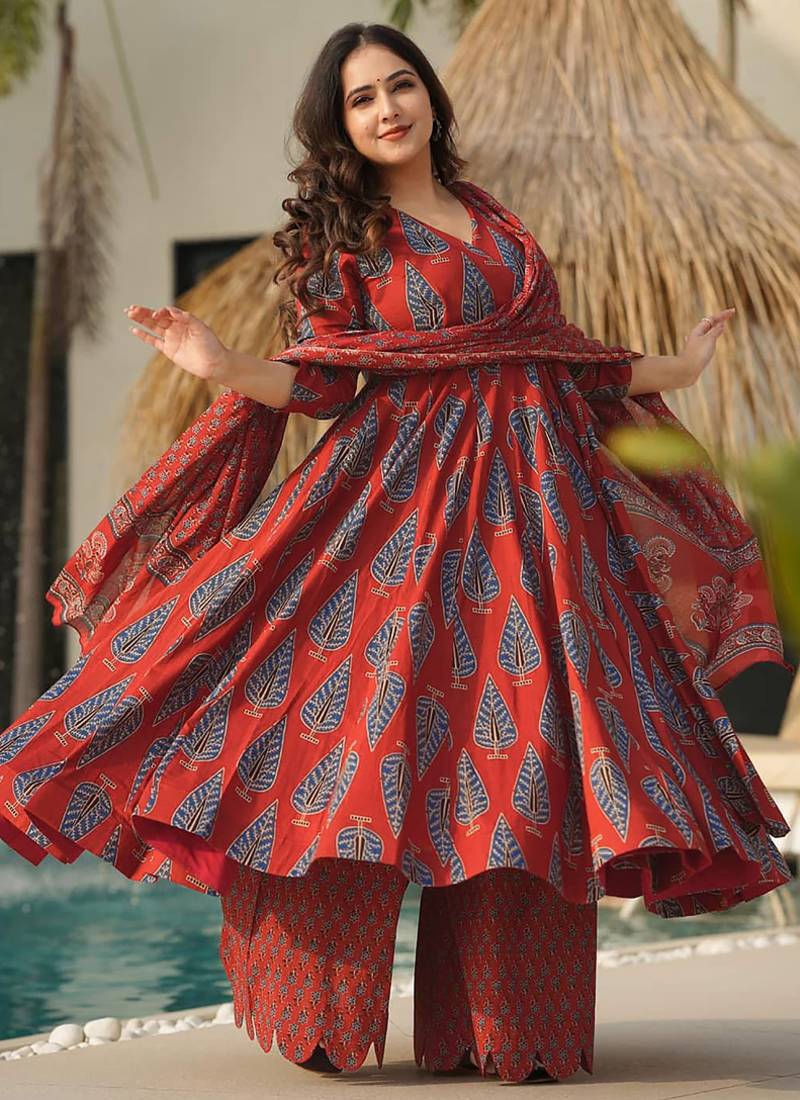 Red muslin digital print designer salwar suit