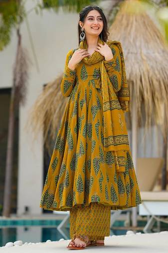Mustard muslin digital print designer salwar suit