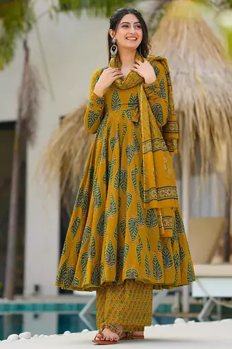 Mustard muslin digital print designer salwar suit