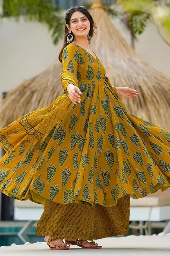 Mustard muslin digital print designer salwar suit