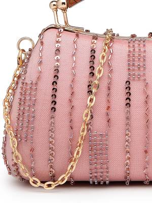 Anekaant glided gleam dusty pink net striped embellished clutch 8