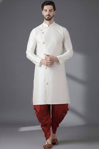 White dupion silk embroidered kurta set