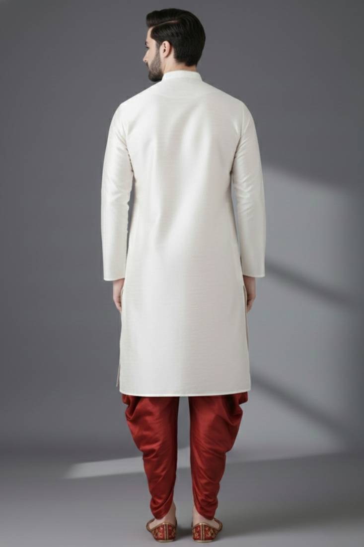 White dupion silk embroidered kurta set