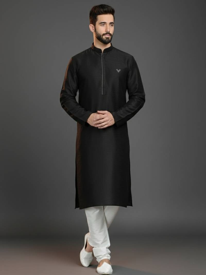Black  dupion silk embroidered kurta set