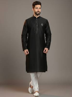 Black dupion silk embroidered kurta set 1