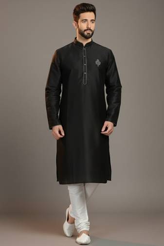 Black dupion silk embroidered kurta set
