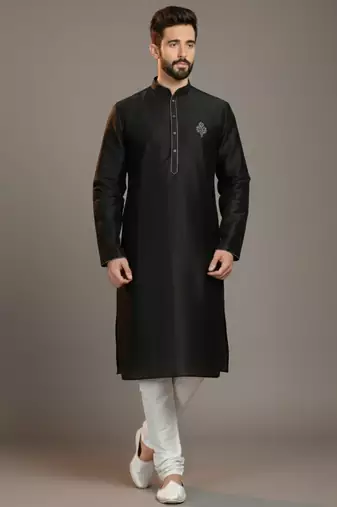 Black dupion silk embroidered kurta set