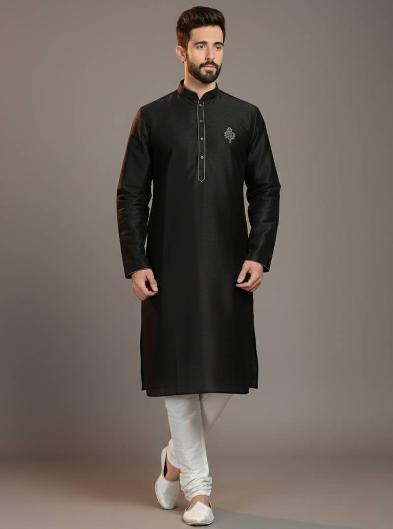 Black dupion silk embroidered kurta set