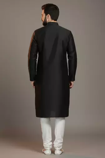 Black dupion silk embroidered kurta set