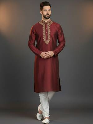 Maroon dupion silk embroidered kurta set 1