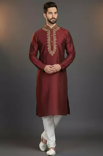 Maroon dupion silk embroidered kurta set