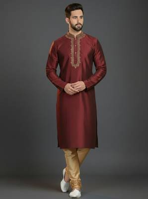 Maroon dupion silk embroidered kurta set 1