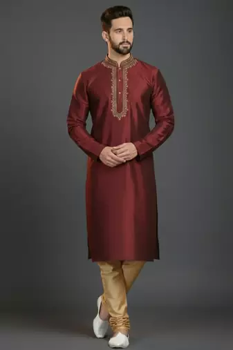 Maroon dupion silk embroidered kurta set