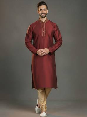 Maroon dupion silk embroidered kurta set 1