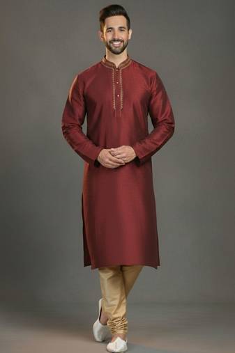 Maroon dupion silk embroidered kurta set
