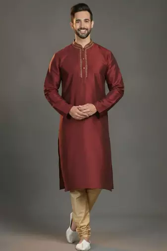 Maroon dupion silk embroidered kurta set