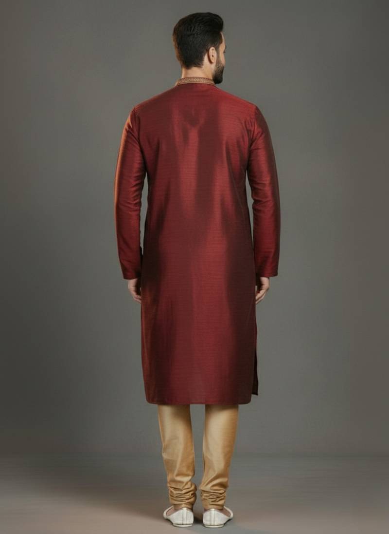 Maroon dupion silk embroidered kurta set