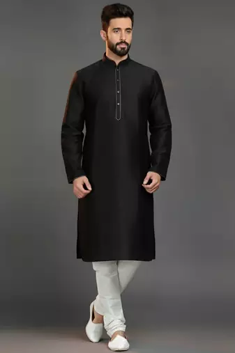 Black dupion silk embroidered kurta set