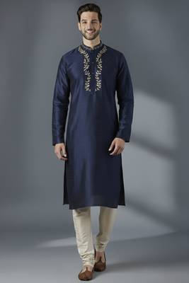 Navy dupion silk embroidered kurta set 1