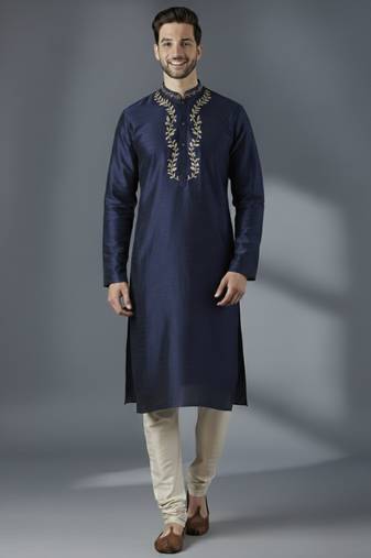 Navy dupion silk embroidered kurta set
