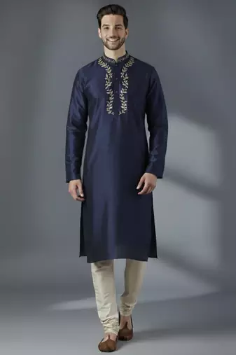 Navy dupion silk embroidered kurta set