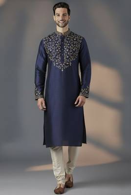 Navy dupion silk embroidered kurta set 1