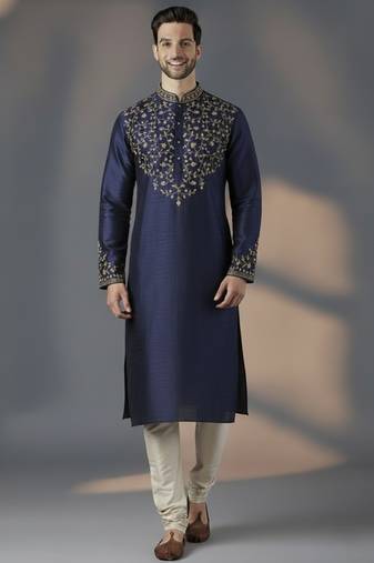 Navy dupion silk embroidered kurta set