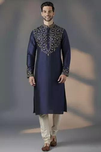 Navy dupion silk embroidered kurta set