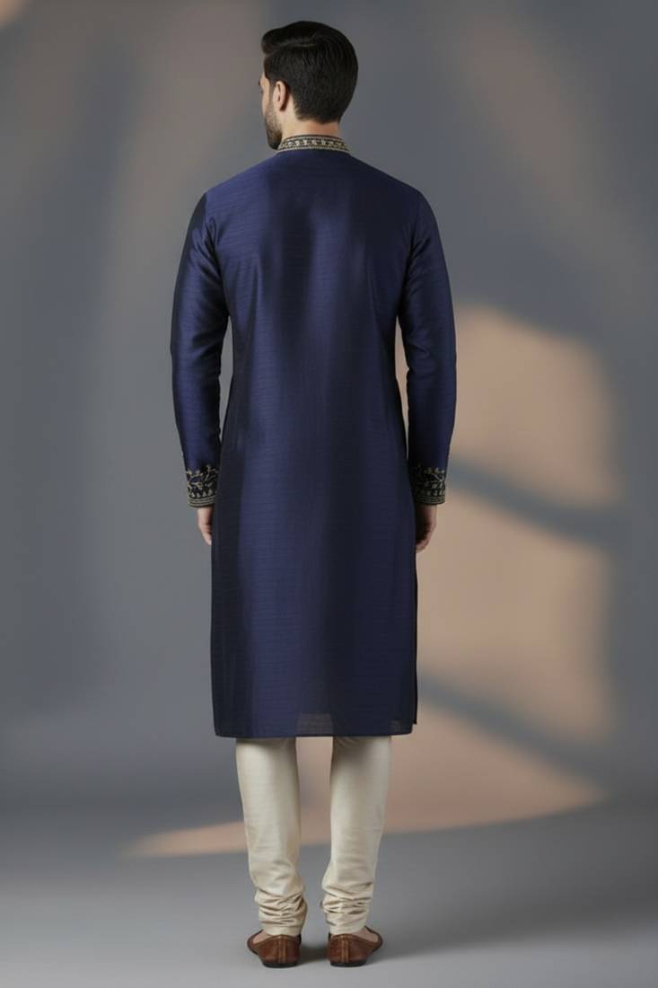 Navy dupion silk embroidered kurta set