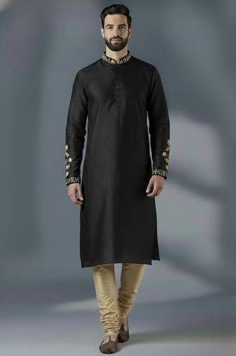 Black dupion silk embroidered kurta set