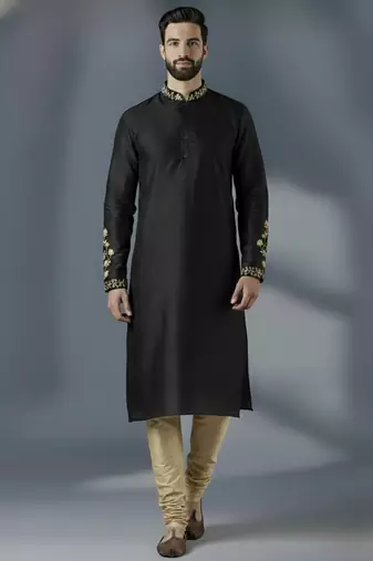Black dupion silk embroidered kurta set