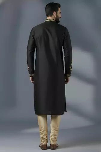 Black dupion silk embroidered kurta set