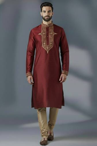 Maroon dupion silk embroidered kurta set