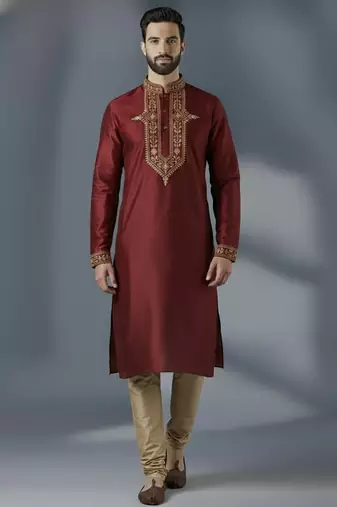 Maroon dupion silk embroidered kurta set