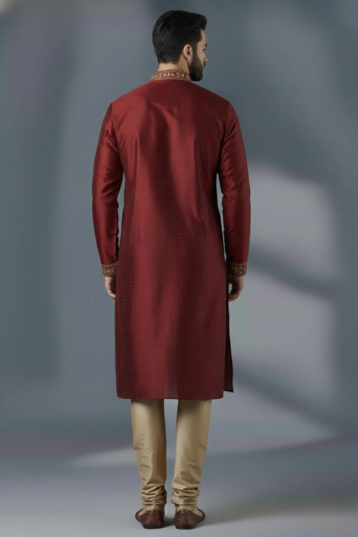 Maroon dupion silk embroidered kurta set