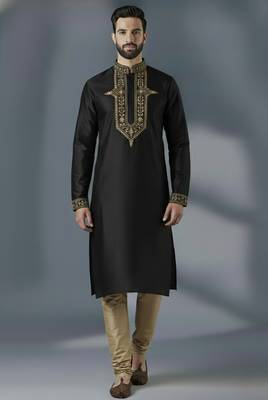 Black dupion silk embroidered kurta set 1