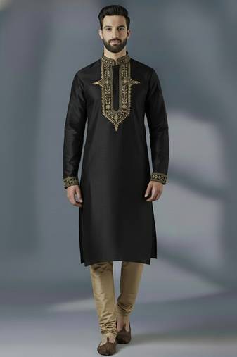 Black dupion silk embroidered kurta set