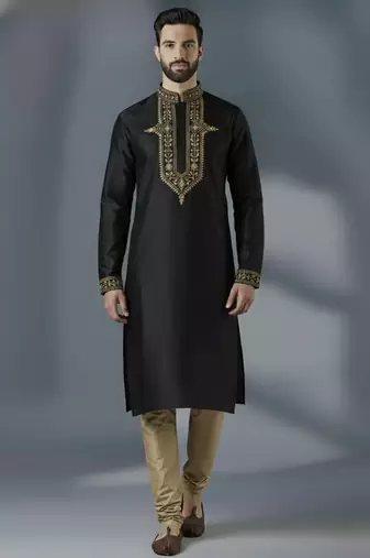 Black dupion silk embroidered kurta set